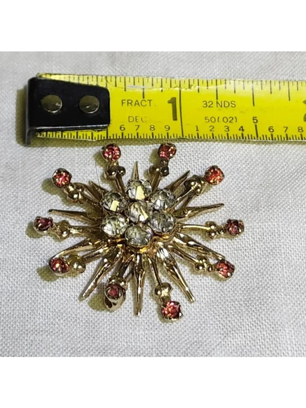 Vintage Gold Tone Asteroid Brooch Pink & Clear Rhinestones Mid-Century Starburst